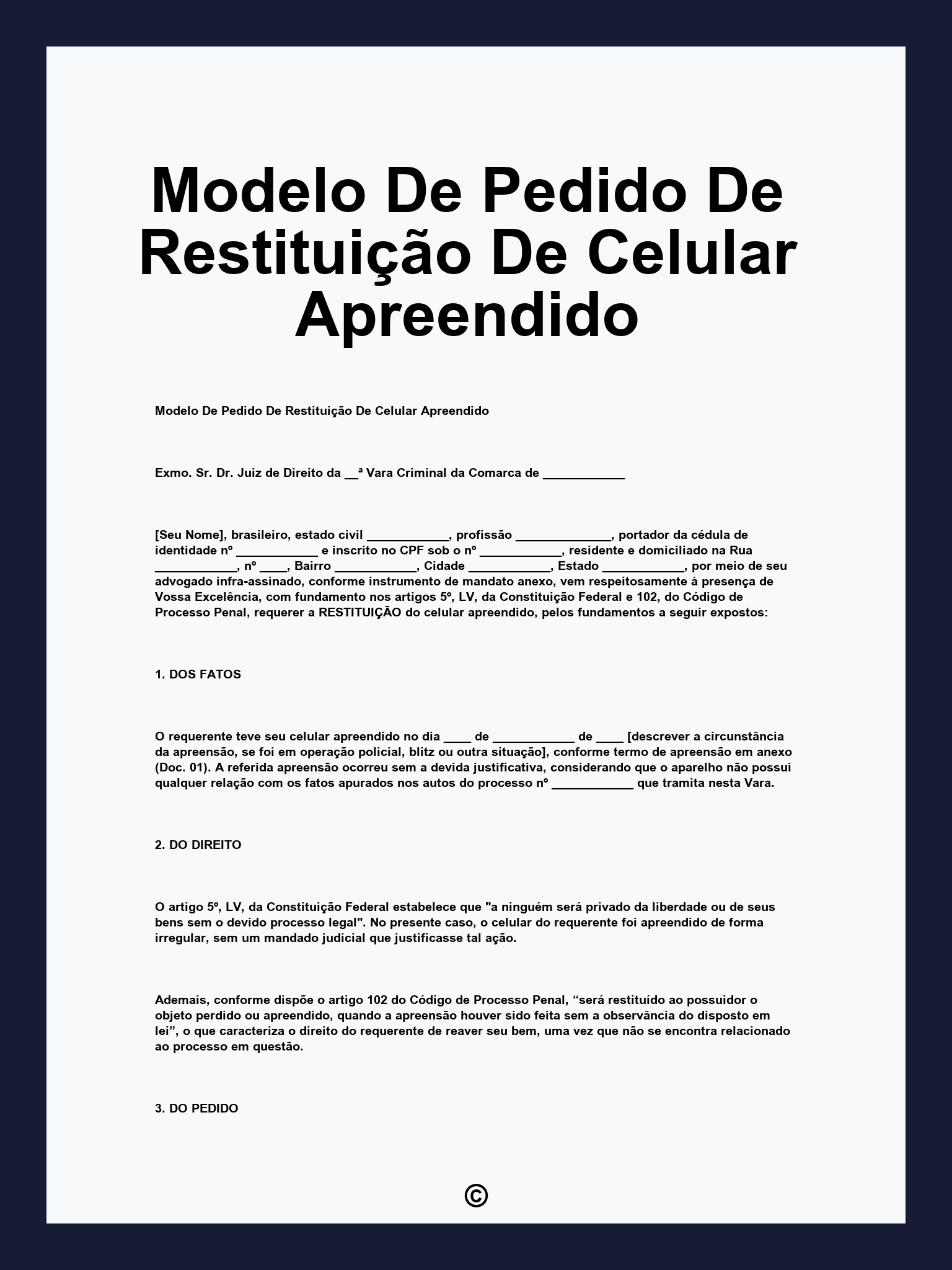 Modelo De Pedido De Restituição De Celular Apreendido