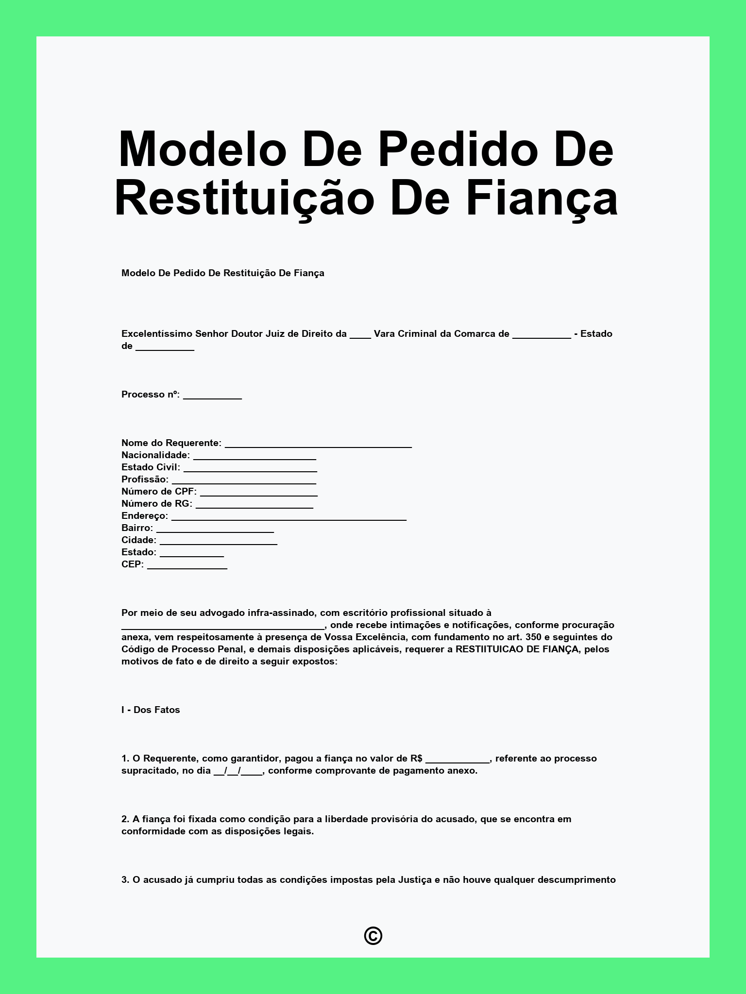 Modelo De Pedido De Restituição De Fiança