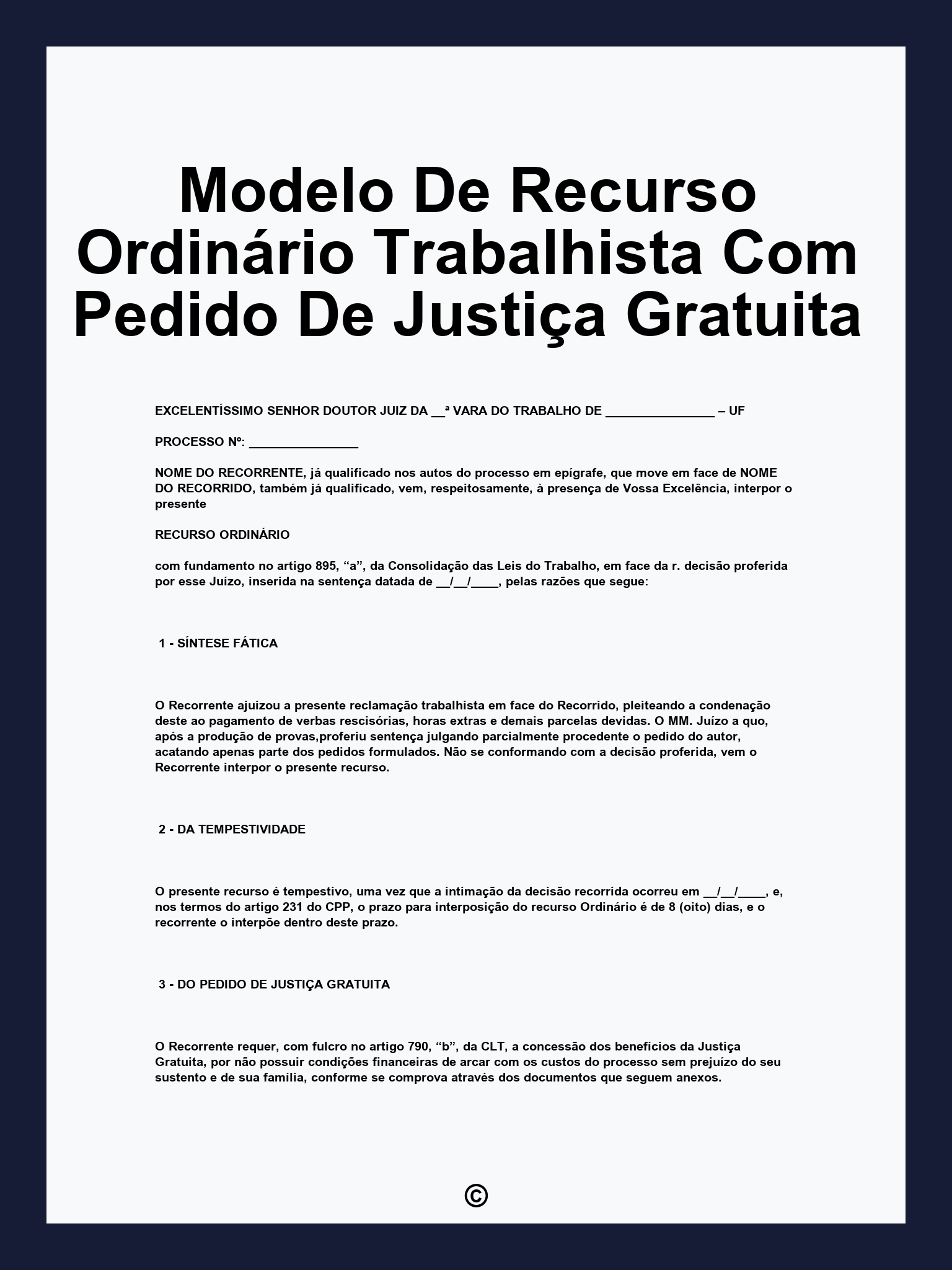 Modelo De Recurso Ordinário Trabalhista Com Pedido De Justiça Gratuita