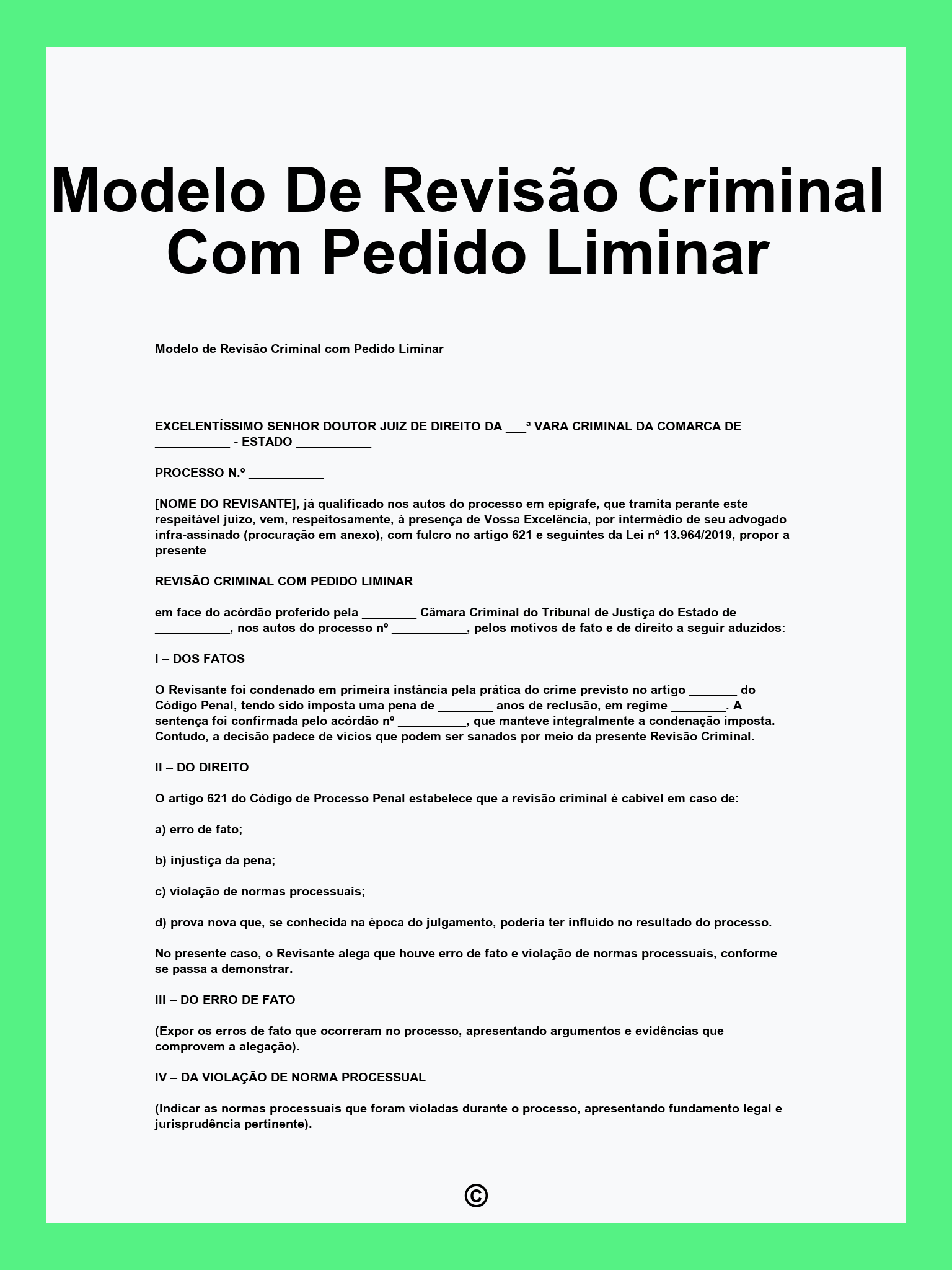 Modelo De Revisão Criminal Com Pedido Liminar
