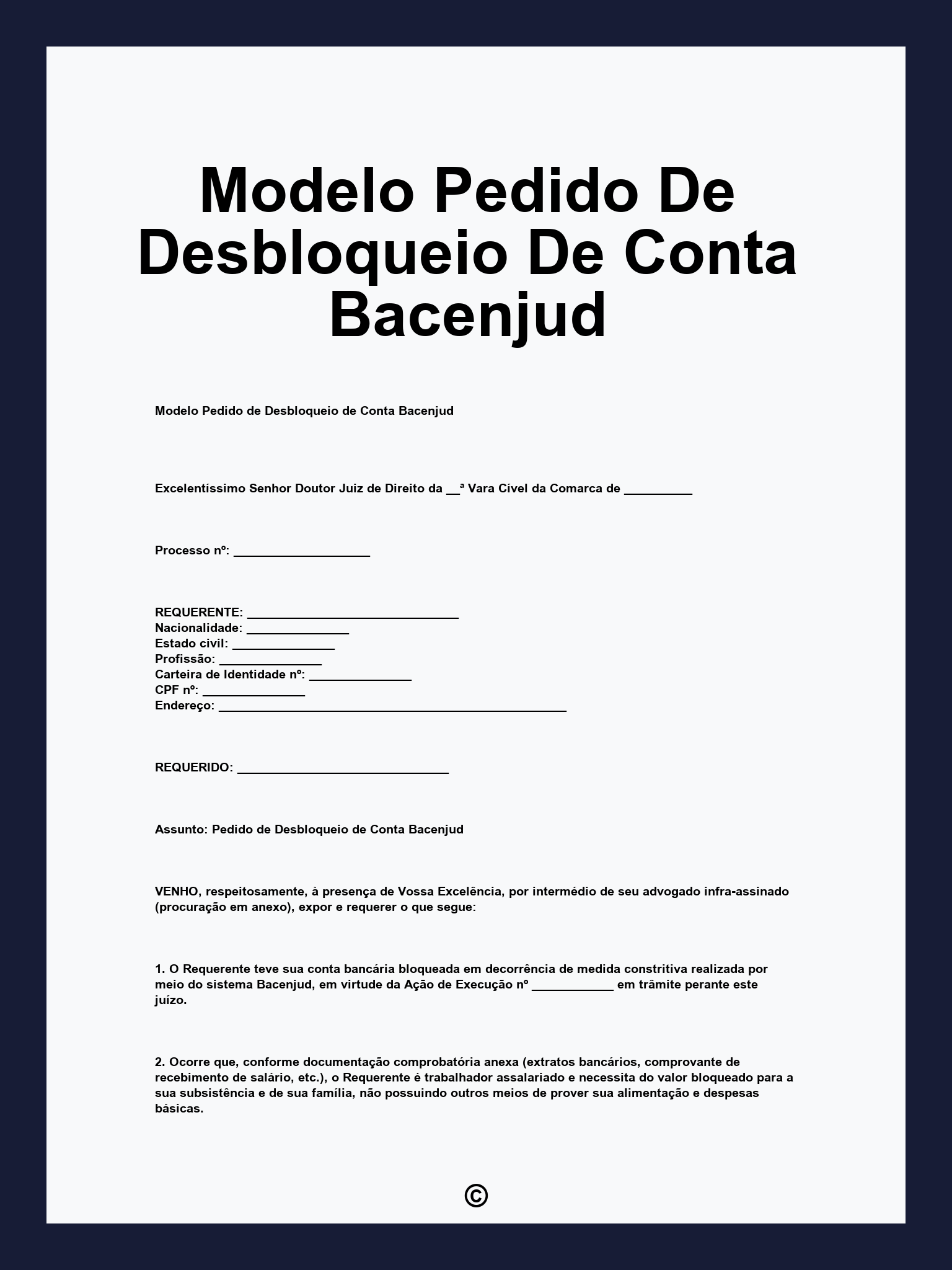 Modelo Pedido De Desbloqueio De Conta Bacenjud