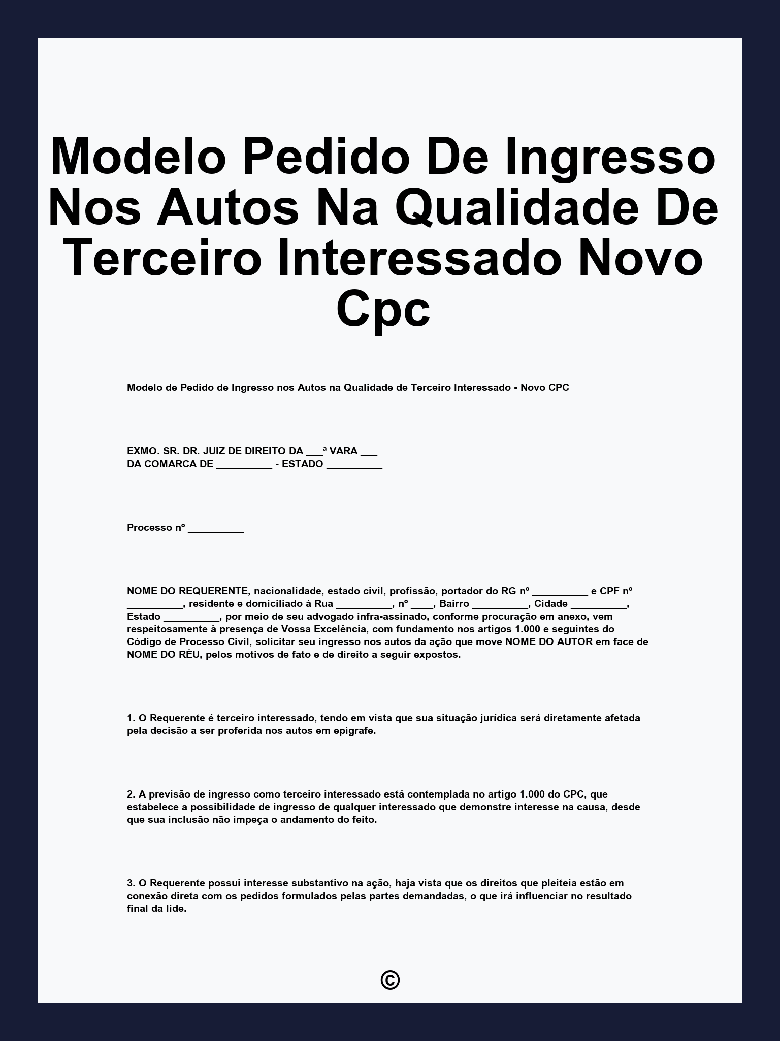 Modelo Pedido De Ingresso Nos Autos Na Qualidade De Terceiro Interessado Novo Cpc