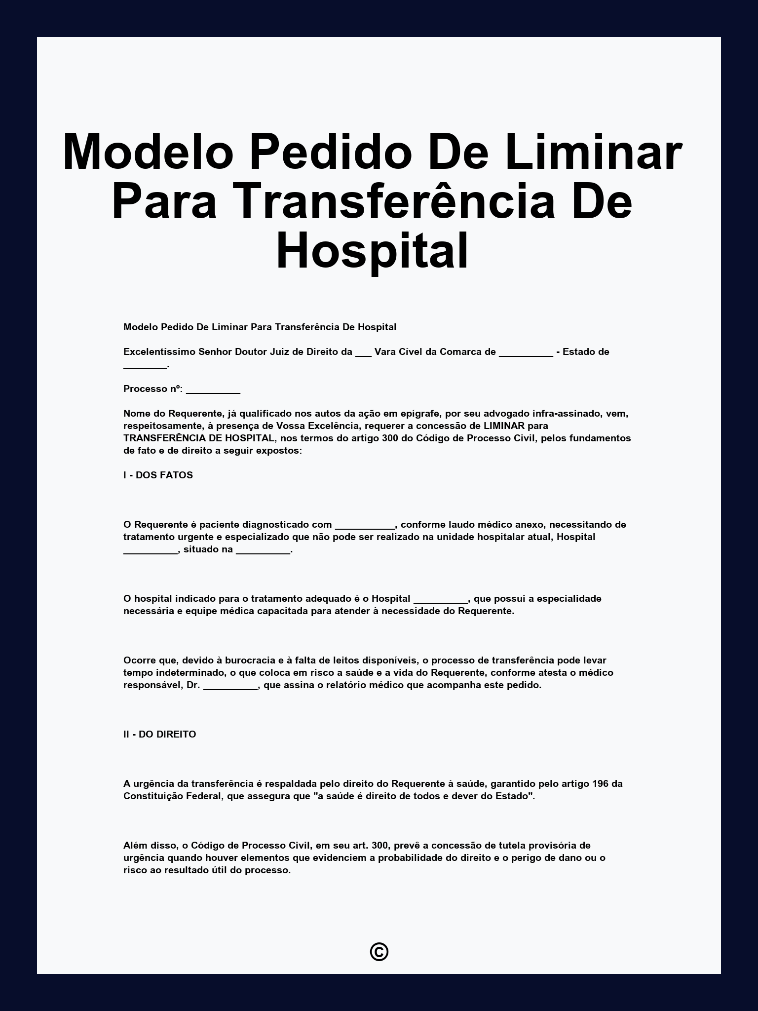 Modelo Pedido De Liminar Para Transferência De Hospital