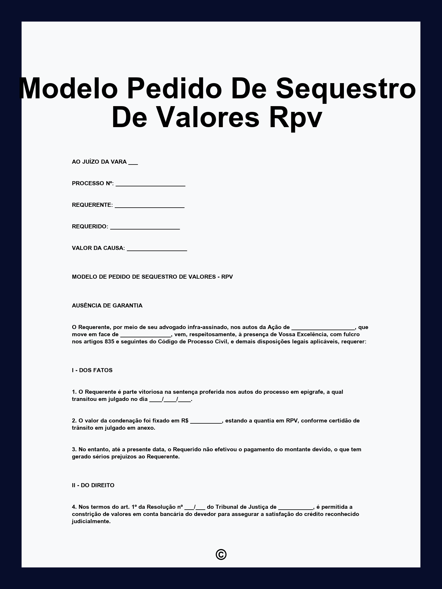 Modelo Pedido De Sequestro De Valores Rpv